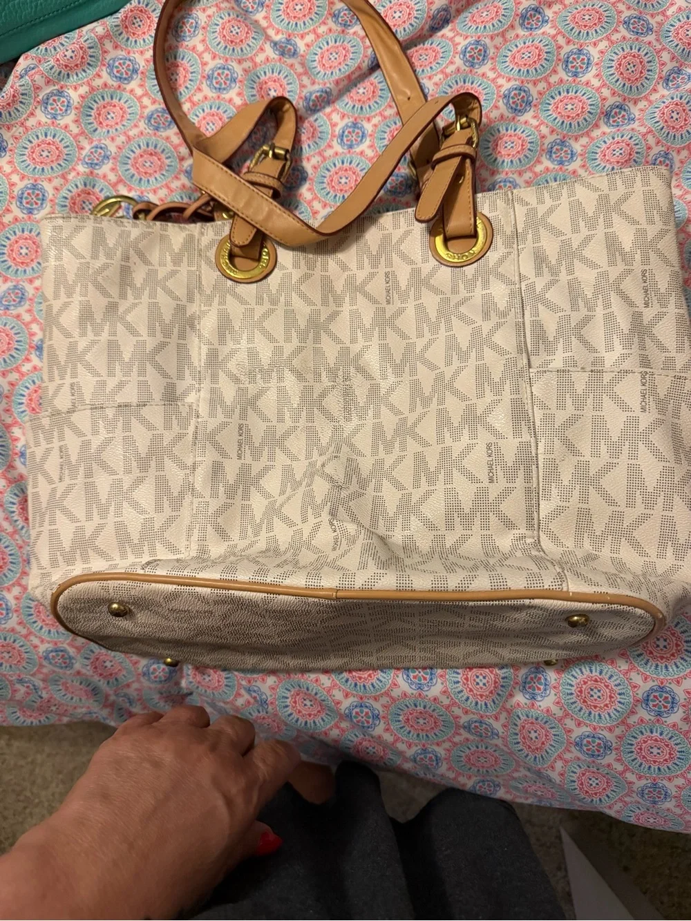 Michael Kors Beige Logo Tote with Tan Leather Straps and Gold Accents